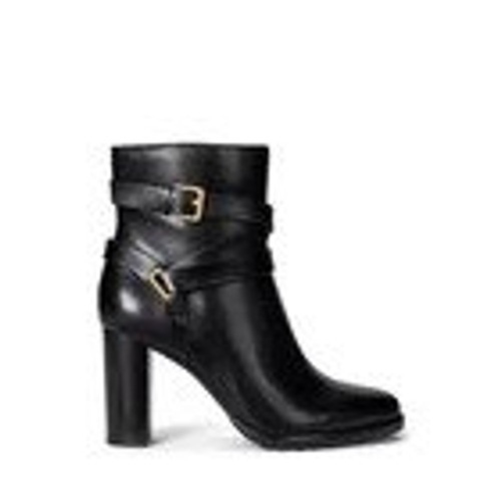 Lauren Ralph Lauren Collins Black Calfskin Leather Ankle Bootie Block Heel 8